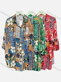 Wholesale Women's Casual Collared Long Sleeve Folkloric Floral Print Shirt Dress, LIUHUA CLOTHING WHOLESALE