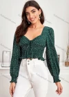 Wholesale Woman's Casual Square Neck Long Sleeve Tie Front Polka Dot Ruffle Hem Crop Top - Liuhuamall
