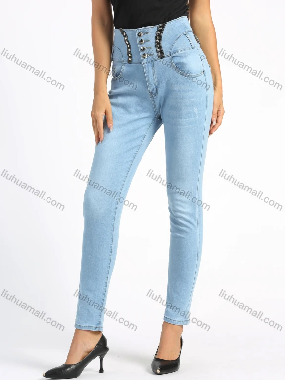 Wholesale Women's Fashion High Waist Button Front Patch Pocket Skinny Jeans