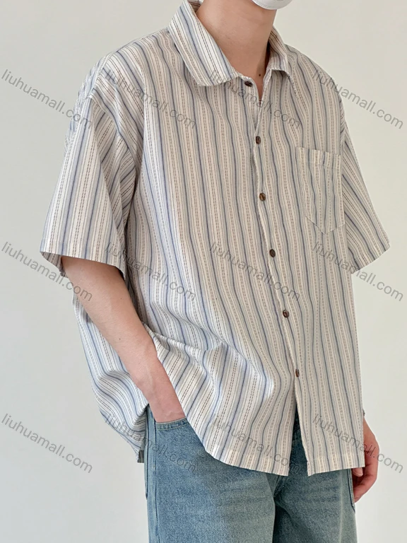 Wholesale Men's Casual Collared Half Sleeve Patch Pocket Striped Shirt