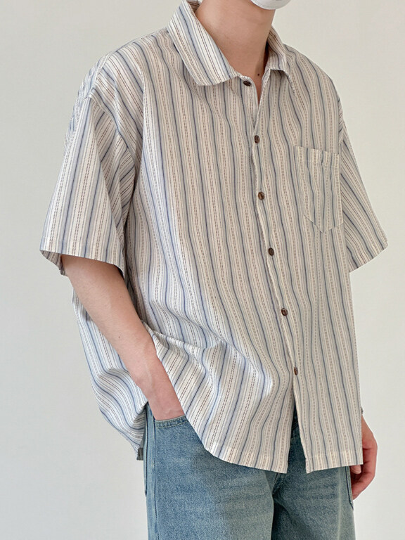 Men's Casual Collared Half Sleeve Patch Pocket Striped Shirt, Clothing Wholesale Market -LIUHUA, Men, Men-s-Tops, Men-s-Hoodies-Sweatshirts