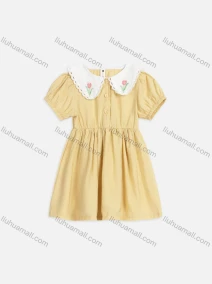 Wholesale Girls Cute Peter Pan Collar Puff Sleeve Embroidered Button Front Short Dress 3503#, LIUHUA CLOTHING WHOLESALE
