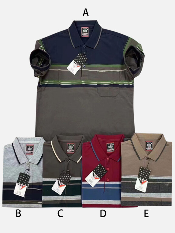 Men's Casual Short Sleeve Colorblock Striped Button Front Patch Pocket Polo Shirts, Clothing Wholesale Market -LIUHUA, 