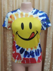 Wholesale Women's Casual Smile Face Graphic Tie Dye Round Neck Short Sleeve Tee, LIUHUA CLOTHING WHOLESALE