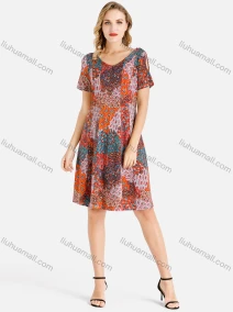 Wholesale Women's V Neck Hollow Out Multi-color Feather Print Knee Length Dress, LIUHUA CLOTHING WHOLESALE