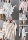 Wholesale Women's Fashion Causal V Neck Striped Tassel Cape - Liuhuamall