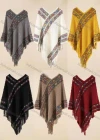 Wholesale Women's Fashion Causal V Neck Plaid Striped Tassel Cape - Liuhuamall