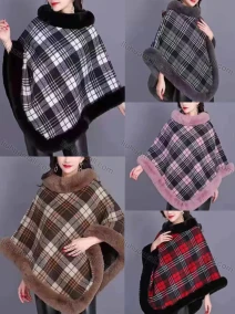 Wholesale Women's Fashion Causal Fuzzy Collar Thermal Gingham Cape, LIUHUA CLOTHING WHOLESALE