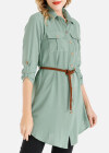 Wholesale Women's Plain Shirt Collar Button Down Long Sleeve Tunic Top With Belt - Liuhuamall