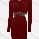 Wholesale Women's Elegant Plain Crew Neck Long Sleeve Rhinestone Fringe Trim Cut Out Bodycon Short Dress Wine Clothing Wholesale Market Liuhua