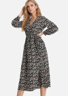 Wholesale Women's Casual Ditsy Floral V Neck Wrap A-Line Long Sleeve Midi Dress With Belt FL8064# - Liuhuamall
