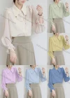 Wholesale Women's Casual Collared Poet Sleeve Chain Decor Button Front Plain Blouse 126609# - Liuhuamall