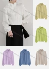 Wholesale Women's Casual Lantern Sleeve Asymmetrical Neck Satin Ruched Ruffle Trim Plain Blouse 160496# - Liuhuamall