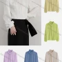 Wholesale Women's Casual Lantern Sleeve Asymmetrical Neck Satin Ruched Ruffle Trim Plain Blouse 160496# preview