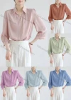 Wholesale Women's Casual Notched V Neck 3/4 Sleeve Satin Ruched Plain Blouse 190410# - Liuhuamall