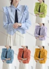 Wholesale Women's Casual Collared Shirt Sleeve Ruffle Trim Tie Front Notched Hem Plain Shirts 225347# - Liuhuamall