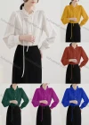 Wholesale Women's Casual Ruffle Neck Lantern Sleeve Tether Front Pearl Decor Ruffle Trim Plain Blouse 272856# - Liuhuamall