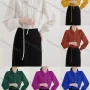 Wholesale Women's Casual Ruffle Neck Lantern Sleeve Tether Front Pearl Decor Ruffle Trim Plain Blouse 272856# preview