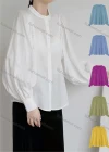 Wholesale Women's Casual Crew Neck Long Sleeve Button Down Ruched Blouse 281870# - Liuhuamall