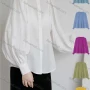 Wholesale Women's Casual Crew Neck Long Sleeve Button Down Ruched Blouse 281870# preview
