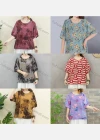 Wholesale Women's Round Neck Half Sleeve Floral Geo Print Loose Fit Blouse - Liuhuamall