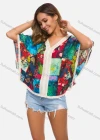 Wholesale Women's Casual V-Neck Lace Trim Batwing Sleeve Patchwork Print Top - Liuhuamall
