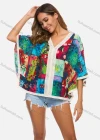 Wholesale Women's Casual V-Neck Lace Trim Batwing Sleeve Patchwork Print Top - Liuhuamall