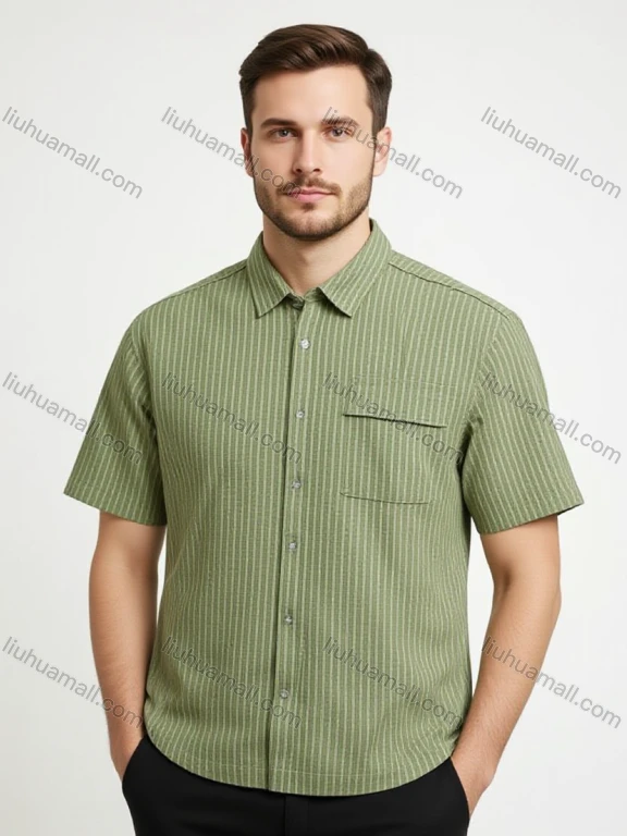 Wholesale Men's Green Striped Short Sleeve Shirt Wholesale - Business Casual Style, Button Down Collar, Pocket LIUHUA CLOTHING WHOLESALE