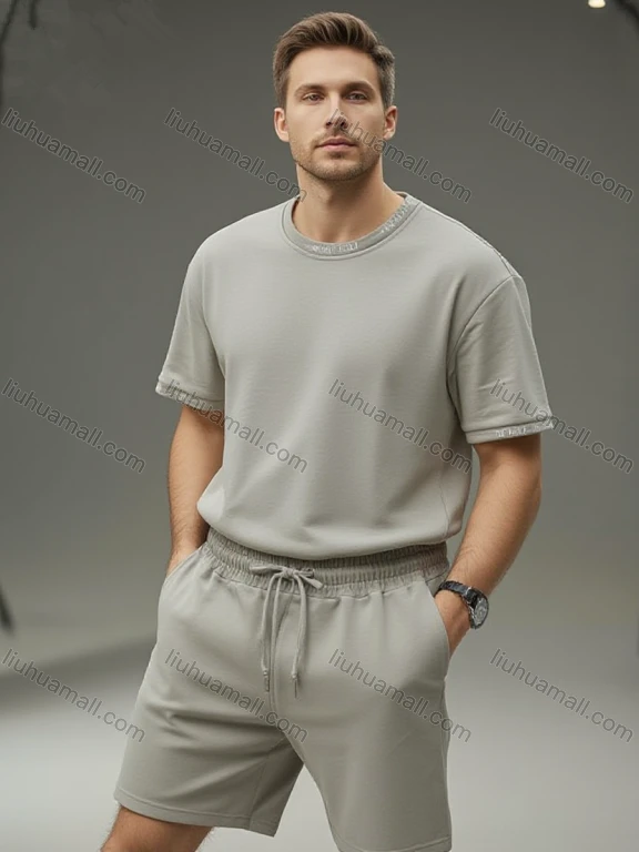 Wholesale Men's Casual Tracksuit Set Wholesale - Gray Short Sleeve & Shorts, Letter Trim, Comfort Fit Loungewear