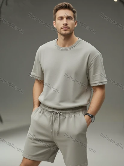 Wholesale Men's Casual Tracksuit Set Wholesale - Gray Short Sleeve & Shorts, Letter Trim, Comfort Fit Loungewear