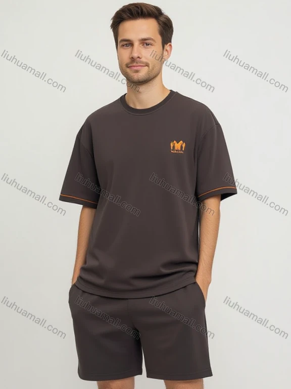 Wholesale Men's Dark brown Tracksuit Set - Orange "MOTIVATED" Logo, Short Sleeve T-Shirt & Shorts