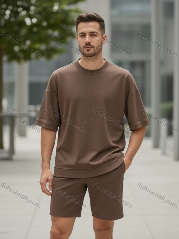 Wholesale Men's Brown Short Sleeve T-Shirt & Shorts Set Wholesale - Casual Loungewear, Relaxed Fit, Ribbed Collar