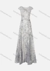 Wholesale Women's Elegant Cap Sleeve V Neck Pearl Appliques Embroidery Maxi Evening Dress - Liuhuamall