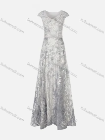 Wholesale Women's Elegant Cap Sleeve V Neck Pearl Appliques Embroidery Maxi Evening Dress, LIUHUA CLOTHING WHOLESALE
