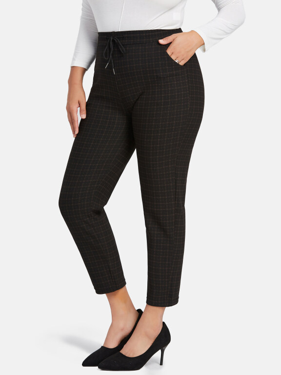 Women's Casual Plus Size High Elastic Plaid Print Stright Leg Pants With Drawstring 33104#, Clothing Wholesale Market -LIUHUA, WOMEN, Pants-Trousers