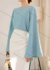 Wholesale Women's Elegant Bateau Neck Trumpet Sleeve Button Cuffs Plain Blouse 614556# - Liuhuamall