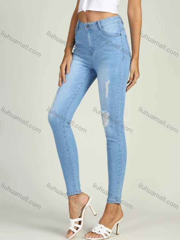 Wholesale Women's Casual Distressed Ripped High Waist Stretch Skinny Jeans