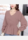 Wholesale Women's Casual V Neck Lantern Sleeve Button Decor Plain Blouse - Liuhuamall