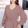 Wholesale Women's Casual V Neck Lantern Sleeve Button Decor Plain Blouse preview