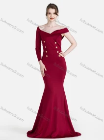 Wholesale Women's Elegant Plain Asymmetrical One Shoulder Button Decor Mermaid Evening Dress, LIUHUA CLOTHING WHOLESALE