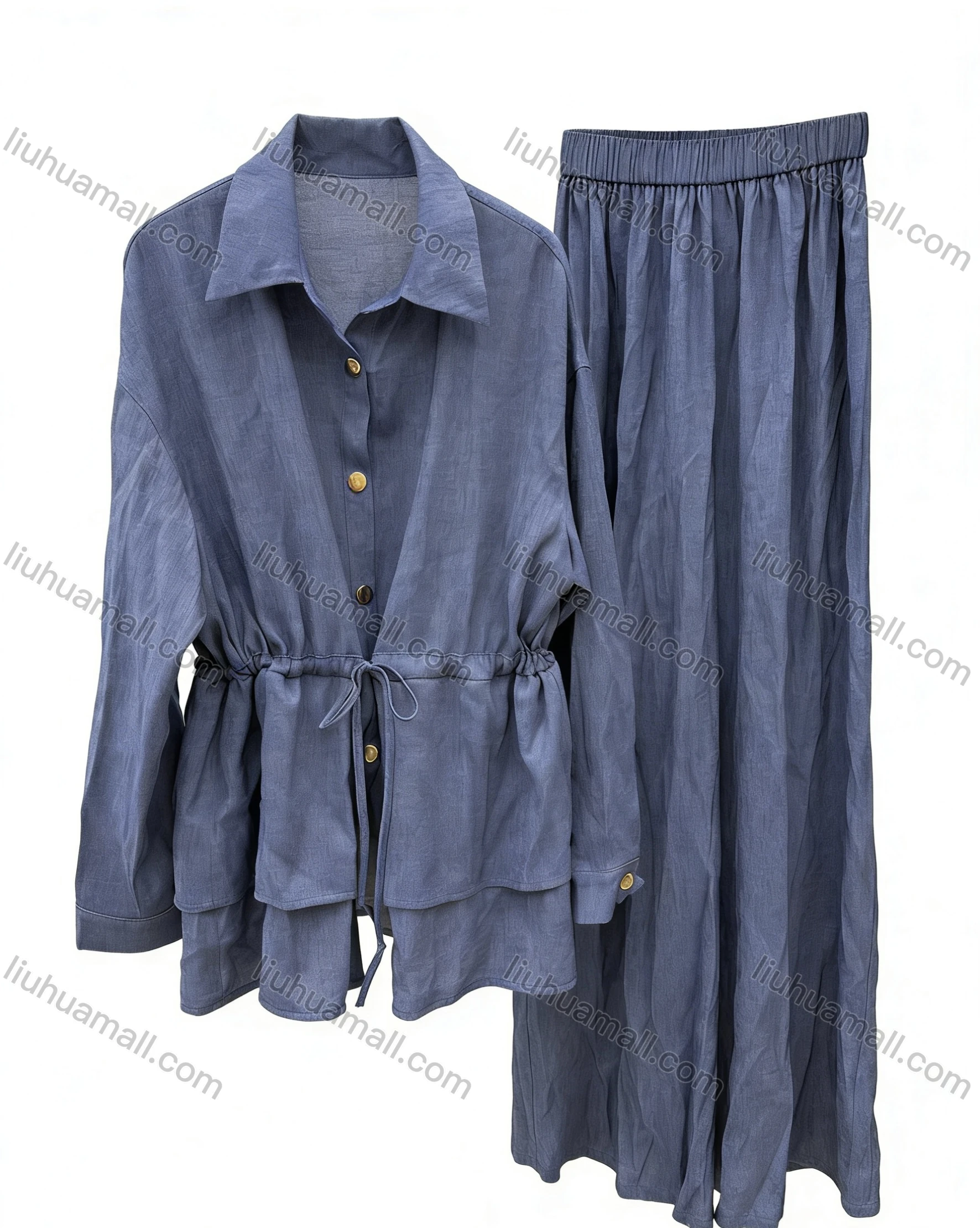 Wholesale Vintage loose waist-cinching shirt with wide-leg culottes.