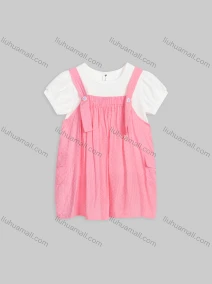 Wholesale Girls Cute Crew Neck Short Sleeve Shirred Fake 2-Piece Overall Dress 23030#, LIUHUA CLOTHING WHOLESALE