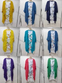 Wholesale Women's Elegant Crew Neck Floral Print Midi Dress & Cardigan Set, LIUHUA CLOTHING WHOLESALE