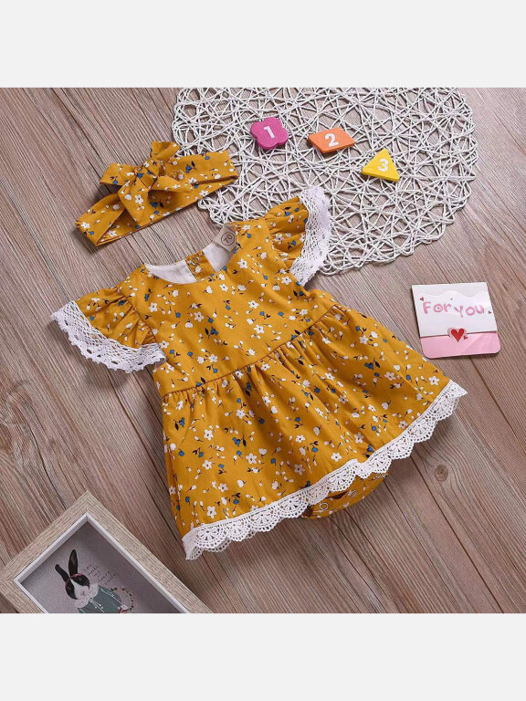 Baby Floral Print Cap Sleeve Lace Trim Bodysuit Dress With Headband, Clothing Wholesale Market -LIUHUA, KIDS-BABY, Infant-Toddlers-Clothing