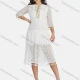 Wholesale Women's Sexy Notched Neck Half Sleeve Guipure Lace Tassel See Through Knee Length Dress 1821# White Clothing Wholesale Market Liuhua