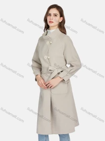 Wholesale Women's Casual Stand Collar Tie Front Patch Pockets Woolen Overcoat 82021#, LIUHUA CLOTHING WHOLESALE