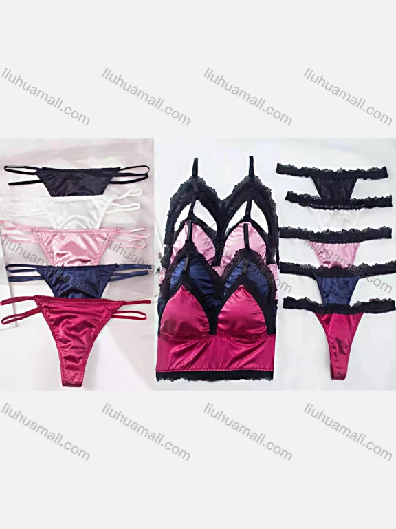 Wholesale Women's Sexy Plain Lace Trim Comfortable Thin Cup Bra Pantie Lingerie 3 Piece Set