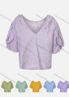 Wholesale Women's Casual V Neck Petal Half Sleeve Ruched Embroidery Print Plain Top - Liuhuamall
