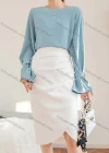 Wholesale Women's Elegant Bateau Neck Trumpet Sleeve Button Cuffs Plain Blouse 614556# - Liuhuamall
