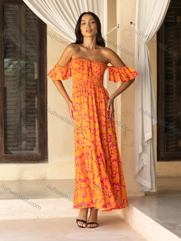 Wholesale Women's Casual Leaf Print Off Shoulder Tie Front Shirred Ruffle Hem Ruched Woven Maxi Dress K1699-19#